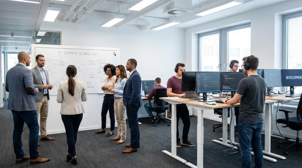 Software engineers and IT consultants collaborating on strategy and development
