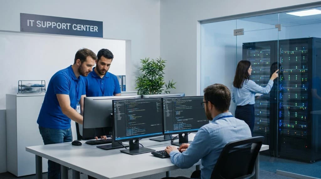 IT professionals developing software and managing cloud infrastructure in a modern support center